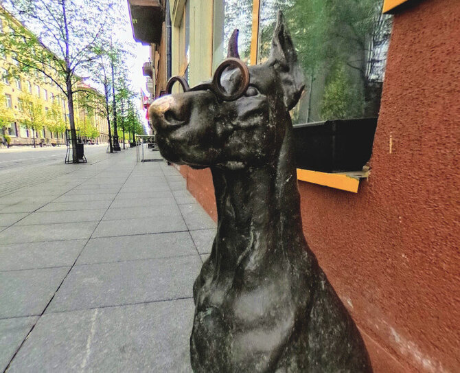 Bronzinė dobermanės skulptūra Gedimino prospekte 32A Vilniuje