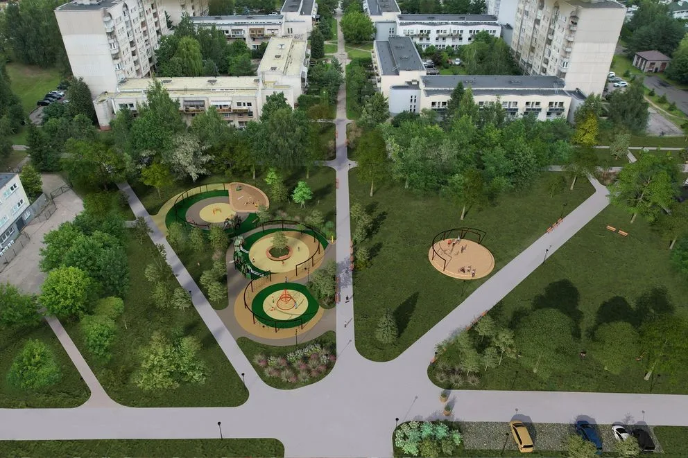 Teminių vaikų žaidimų aikštelių vizualizacija Vilniaus gyvenamajame rajone