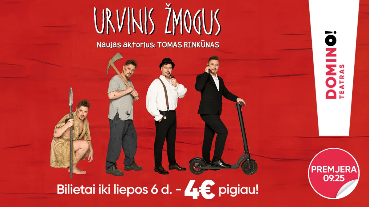 Théâtre DOMINO | première L'HOMME DES CAVERNES | avec Tomas Rinkūnas, événement à Vilnius