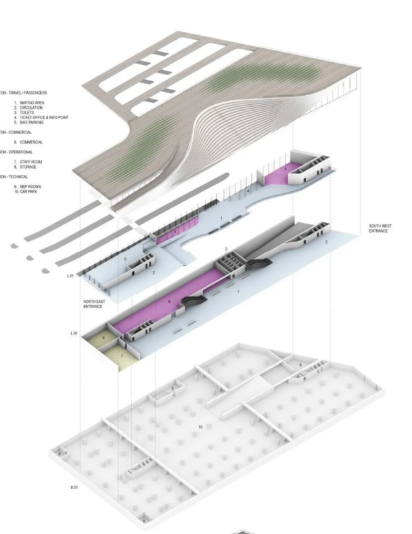 Naujos autobusų stoties struktūra ir požeminė dalis: Zaha Hadid Architects schema