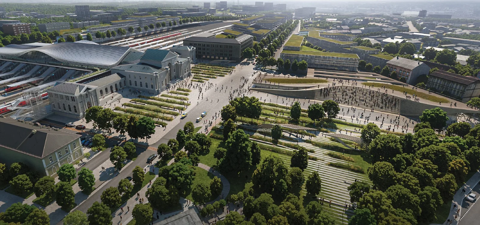 Naujoji Vilniaus autobusų stotis ir geležinkelio stoties prieigos iš viršaus: Zaha Hadid Architects vizualizacija